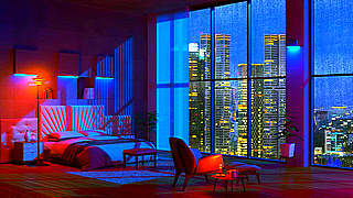 Sound of Rain in a Bedroom Overlooking the City at Night